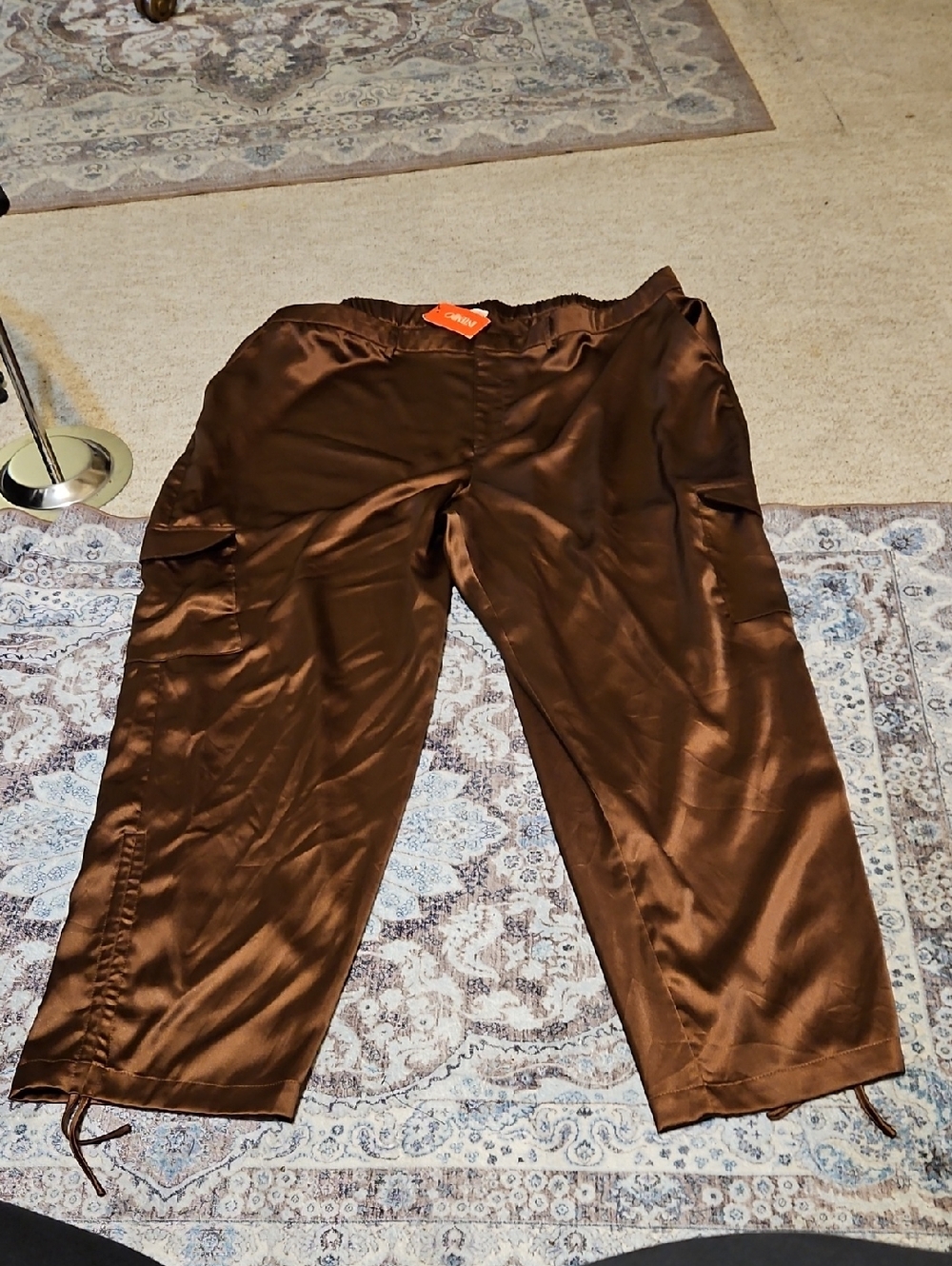 Brown Wide-Leg Satin Cargo Pants